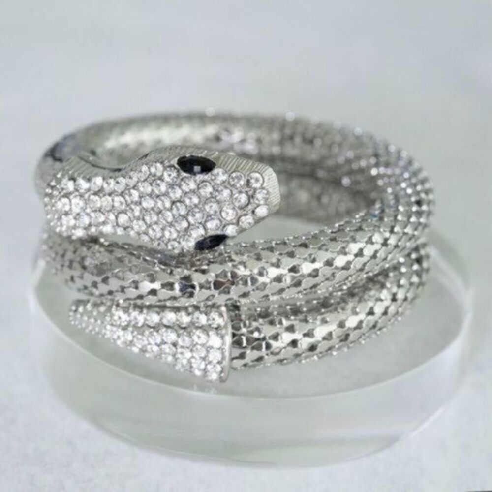 SNAKE Wrap Bracelet with Rhinestones. Silver.
